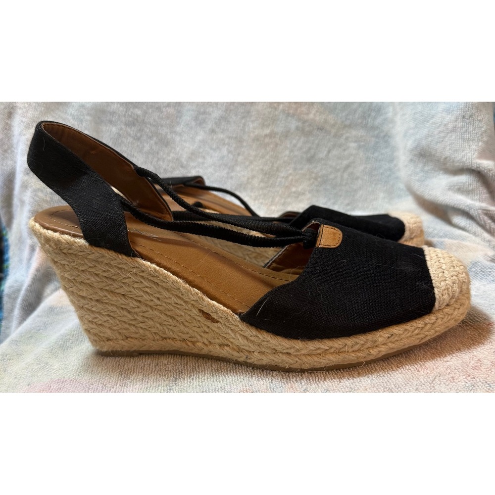 Solanz Rebekah Black Canvas Espadrille Wedge Sandals Womens 8.5M Braided Jute